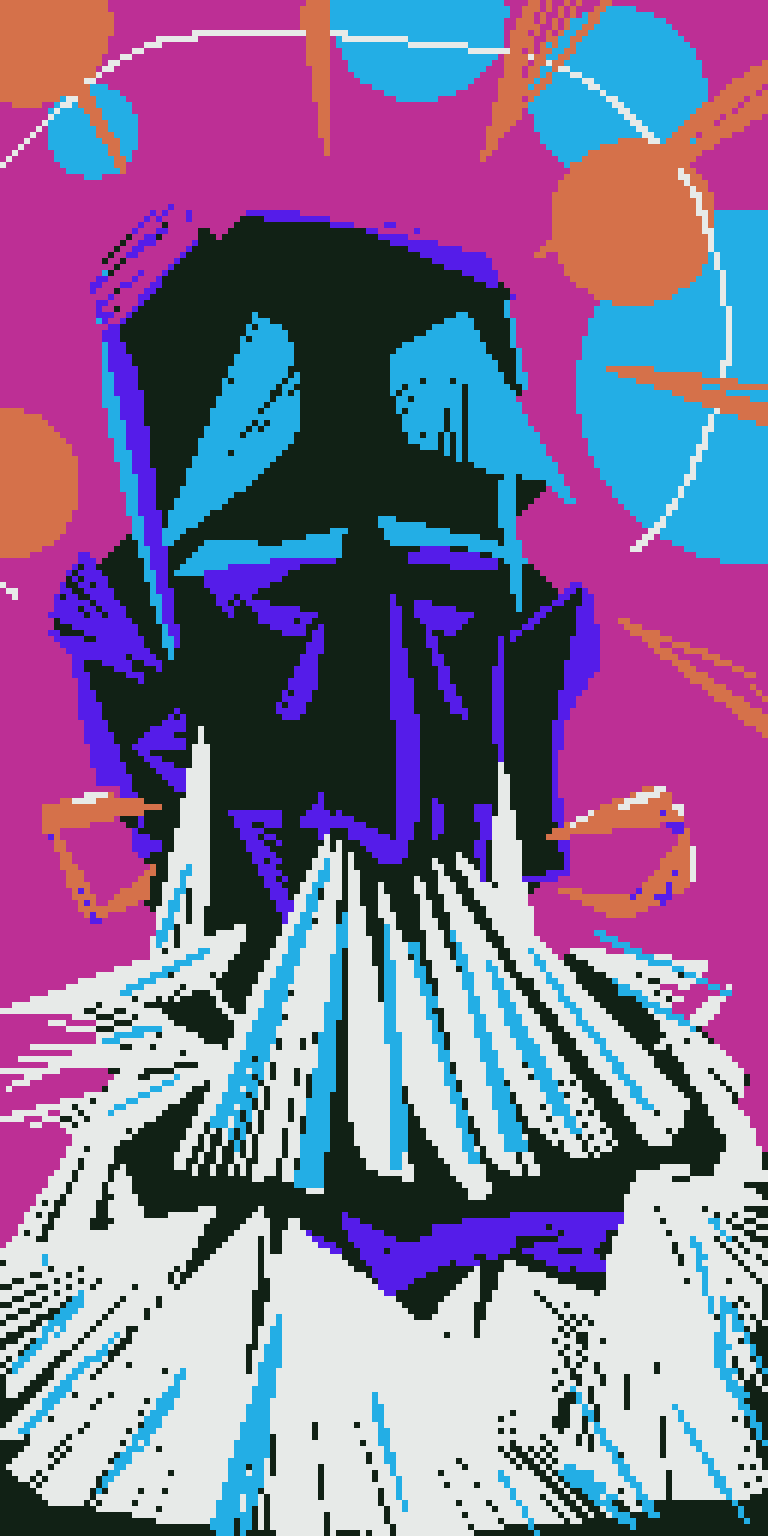 The Telepathic Chamber — a bold abstract figure in magenta and cyan